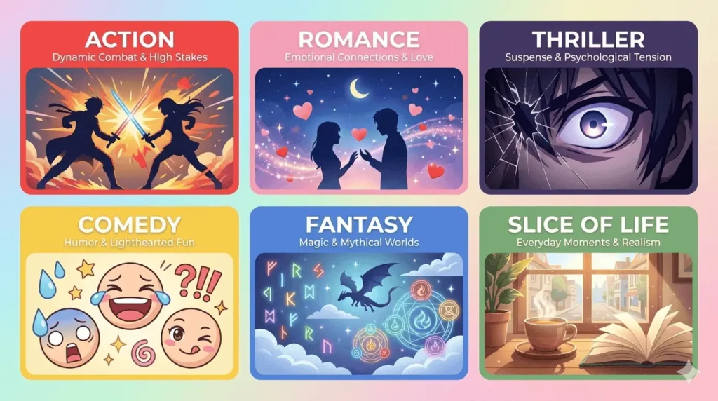 Infographic showing six anime genres - action, romance, thriller, comedy, fantasy and slice of life with visual examples