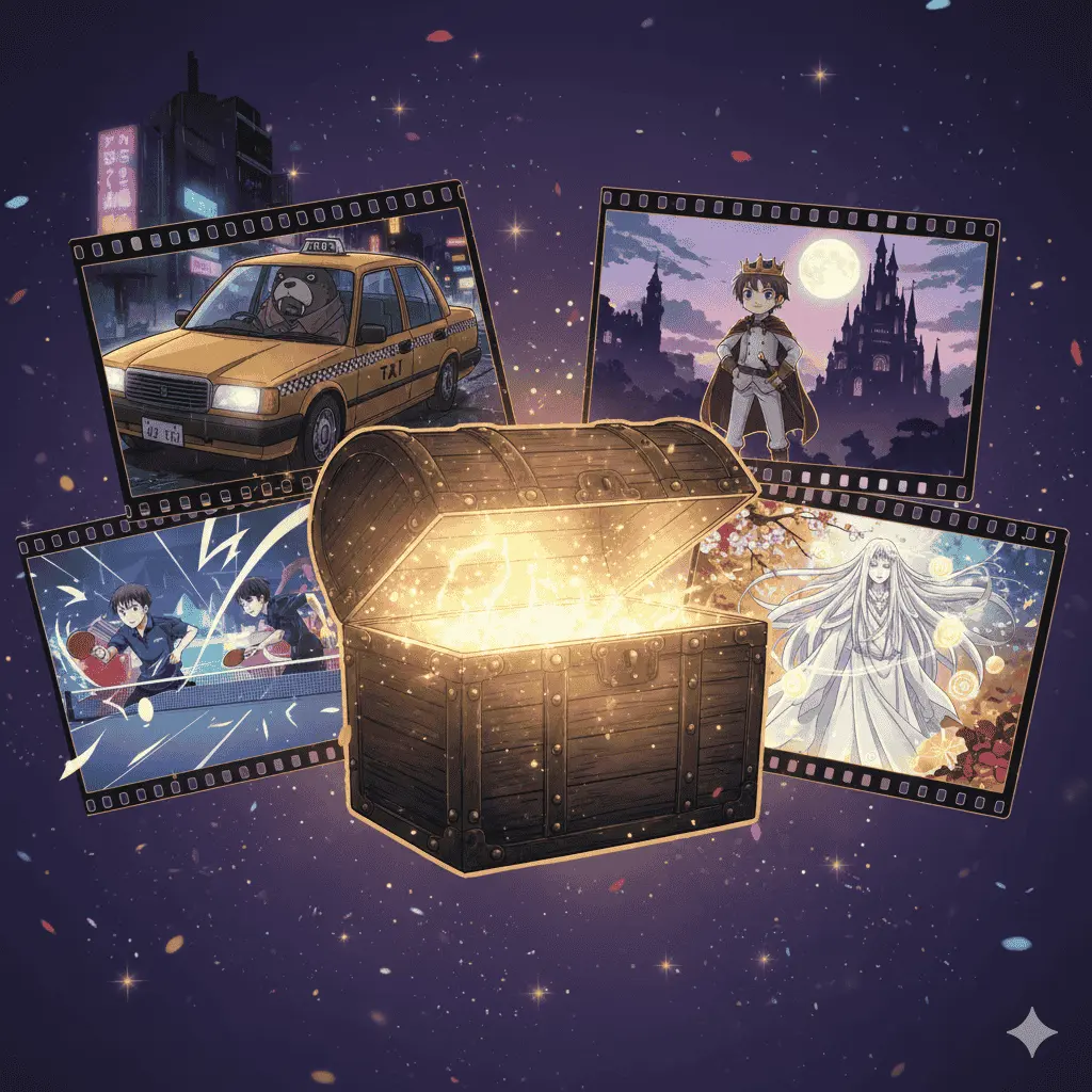  Artistic representation of hidden gem anime series including Odd Taxi, Ranking of Kings, Ping Pong the Animation, and To Your Eternity