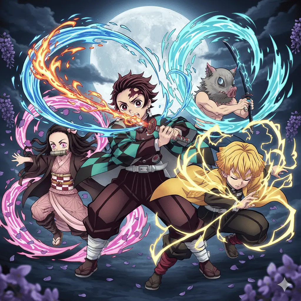 Demon Slayer main characters Tanjiro, Nezuko, Zenitsu, and Inosuke with their signature breathing techniques and weapons